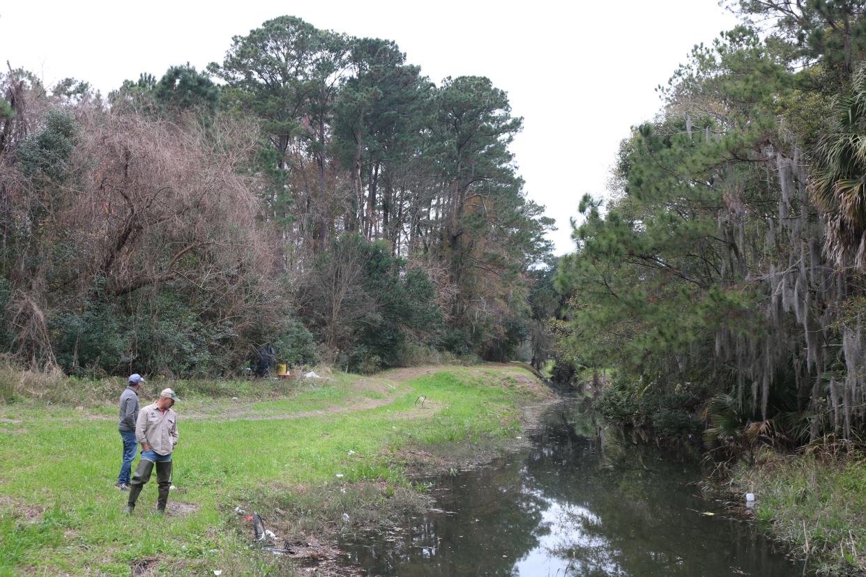 Participants in the Ogeechee Riverkeeper's Protect the Vernon program scout spots in the Wilshire Canal, a feeder to the Vernon River, for a litter trap. E. Coli and litter are two of the pollutants the Vernon River watershed management plan seeks to eliminate.