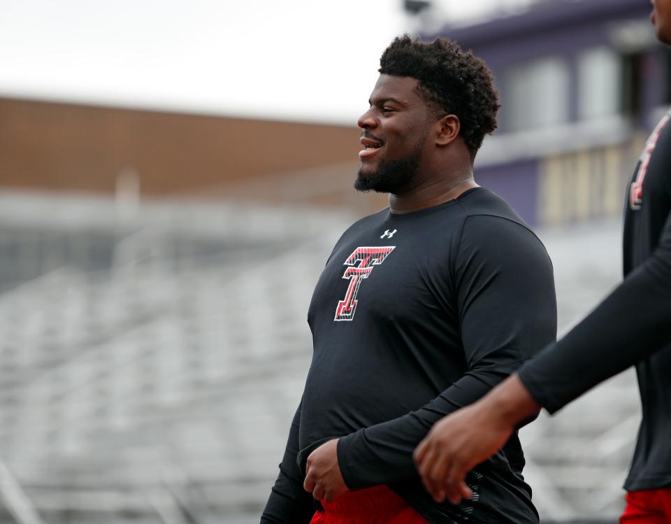 Texas Tech's Jaylon Hutchings (95) during a practice before the AutoZone Liberty Bowl on Monday, Dec. 27, 2021, in Memphis, Tenn.
