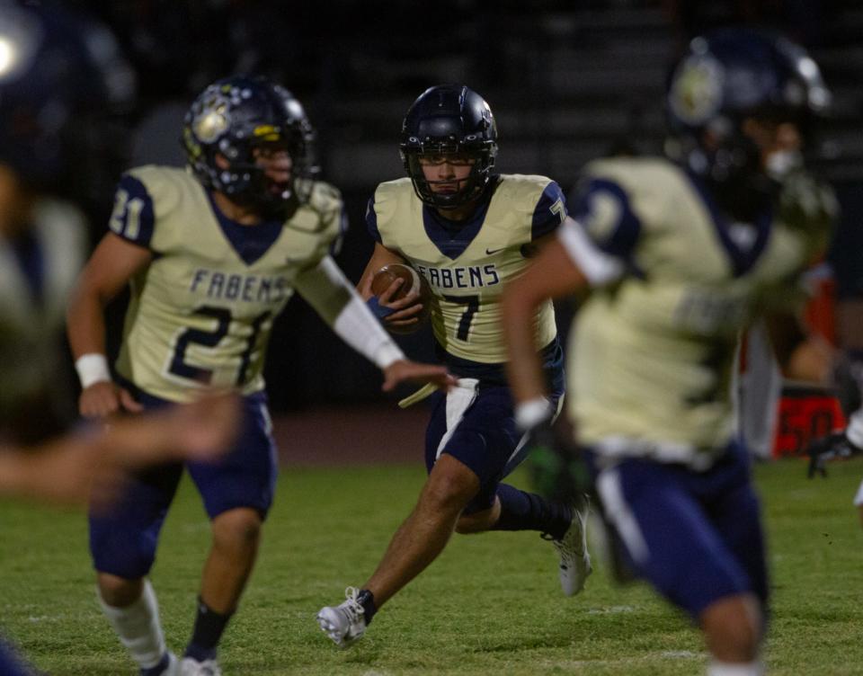 Faben's Erick Ortiz runs out of the pocket against Mountain View on Oct. 6, 2023 at the Amador Villlobos Sports Complex.