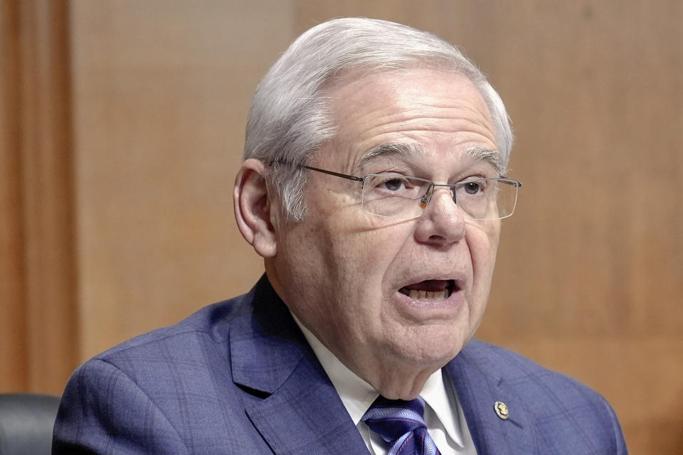 FILE - U.S. Sen. Bob Menendez, D-N.J., asks a question during a Senate Finance Committee hearing on Capitol Hill, Thursday, March 14, 2024, in Washington. Menendez said Thursday, March 21, 2024, that he will not run in the Democratic primary as he faces federal corruption charges, but he left open the possibility that he would reenter the race as an independent later in the year if he is exonerated at trial. (AP Photo/Mariam Zuhaib, File)