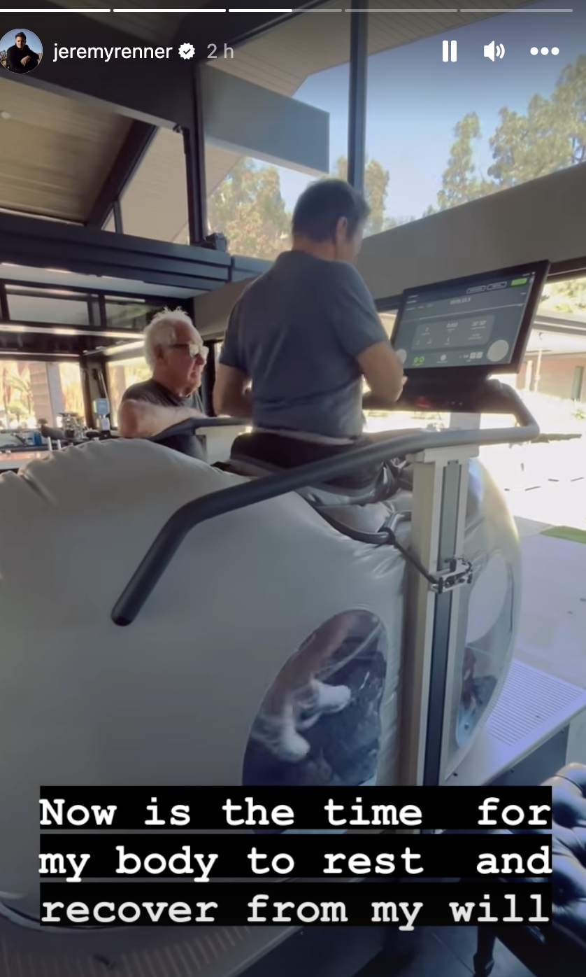 Renner demonstrated how the anti-gravity treadmill enabled him to walk with 