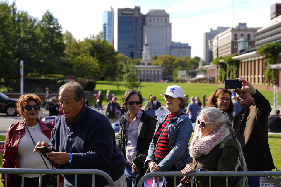 Supporters gather before a campaign event for Presidential candidate Robert F. Kennedy, Jr. at Independence Mall, Monday, Oct. 9, 2023, in Philadelphia. (AP Photo/Matt Rourke)