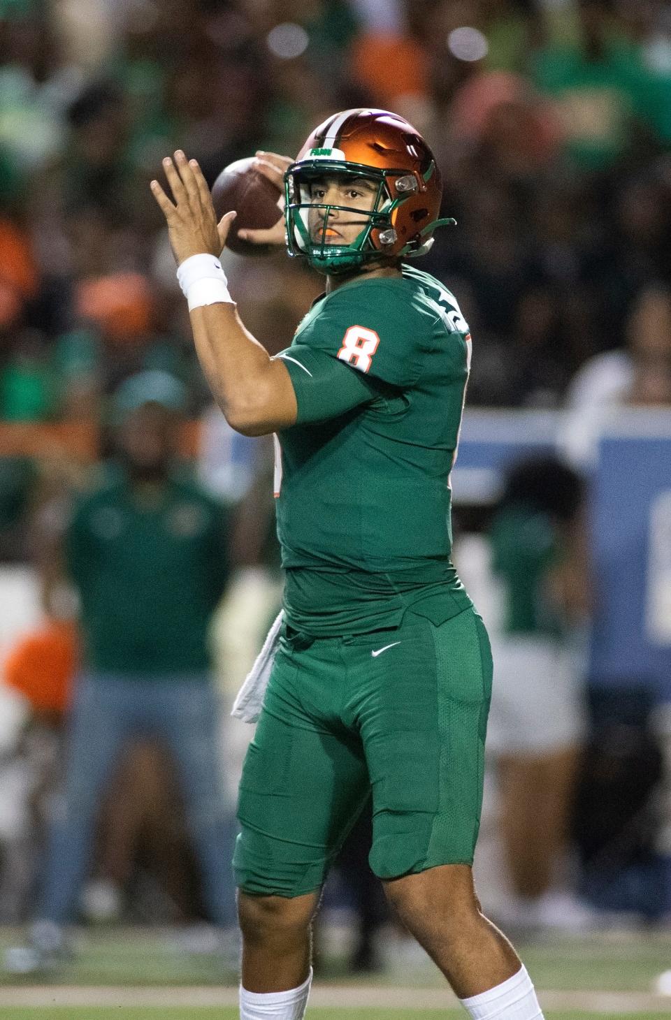 Florida A&M Rattlers quarterback Jeremy Moussa (8) passes the ball as the Rattlers face the Bulldogs on Saturday, Sept. 24, 2022 at Bragg Memorial Stadium in Tallahassee, Fla. 