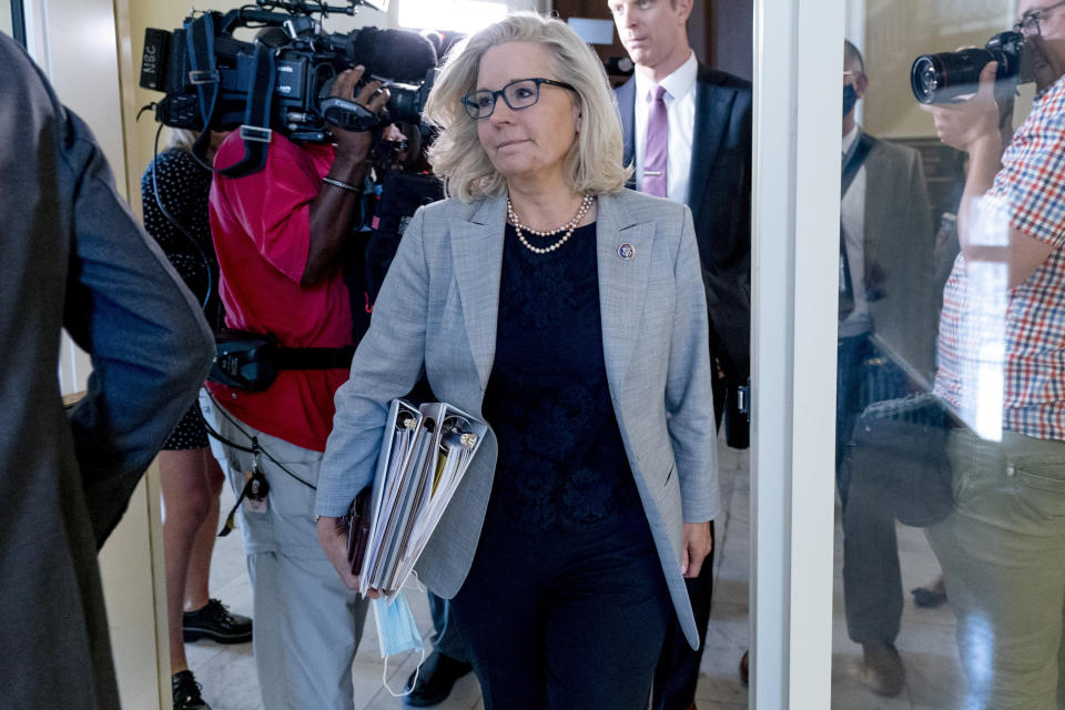 Rep. Liz Cheney, R-Wyo., leaves a meeting of the select committee on the Jan. 6 attack as they prepare to hold their first hearing Tuesday, on Capitol Hill, in Washington, Monday, July 26, 2021. The panel will investigate what went wrong around the Capitol when hundreds of supporters of Donald Trump broke into the building and rioters brutally beat police, hunted for lawmakers and interrupted the congressional certification of Democrat Joe Biden's election victory over Trump. (AP Photo/Andrew Harnik)