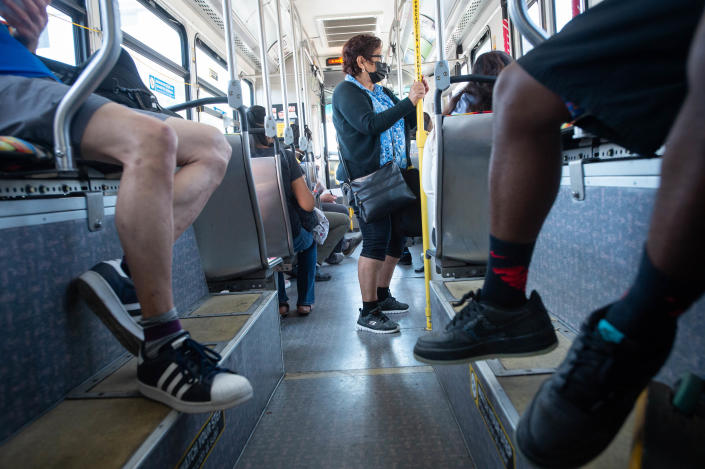 People commute on a Metro bus in Los Angeles on Thursday, July 14, 2022. The Bay Area was once a public transit model. Now California&#39;s &#39;car capital&#39; leads the state in riders. (Sarah Reingewirtz/MediaNews Group/Los Angeles Daily News via Getty Images)