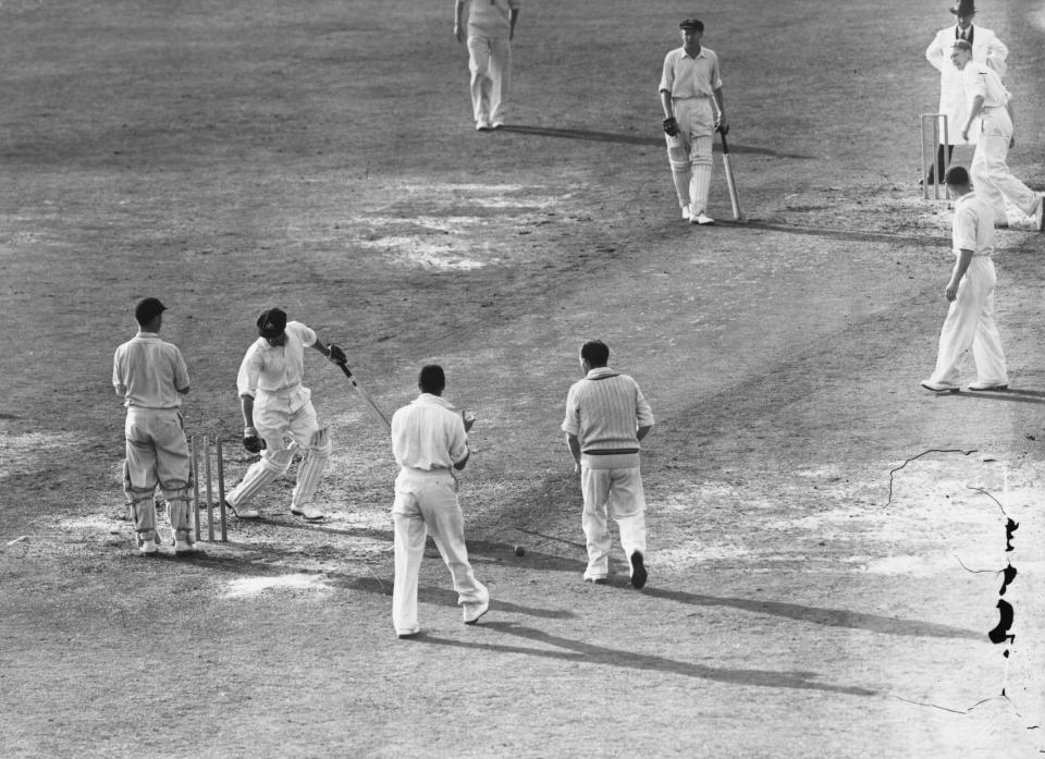 Don Bradman is bowled in his last ever Test innings for a duck