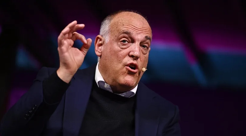 LaLiga president Javier Tebas speaking at the Web Summit in Portugal in 2022.