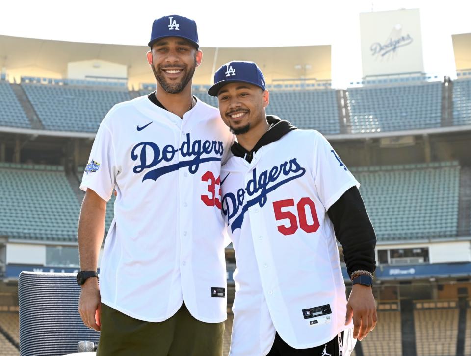 Dodgers' Mookie Betts and David Price are introduced at a press conference at Dodger Stadium on Feb. 12.