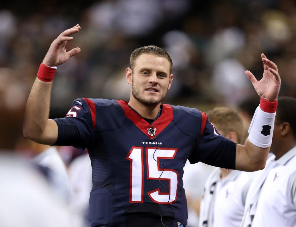 Houston Texans quarterback Ryan Mallett gestures on the sidelines during their game against the New Orleans Saints at the Mercedes-Benz Superdome in 2015.