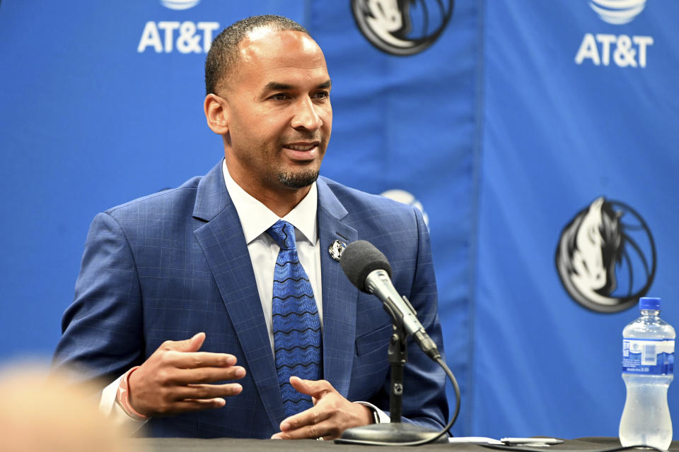 New Dallas Mavericks NBA basketball team general manager Nico Harrison speaks at an introductory press conference in Dallas, Thursday, July 15, 2021. (AP Photo/Matt Strasen)