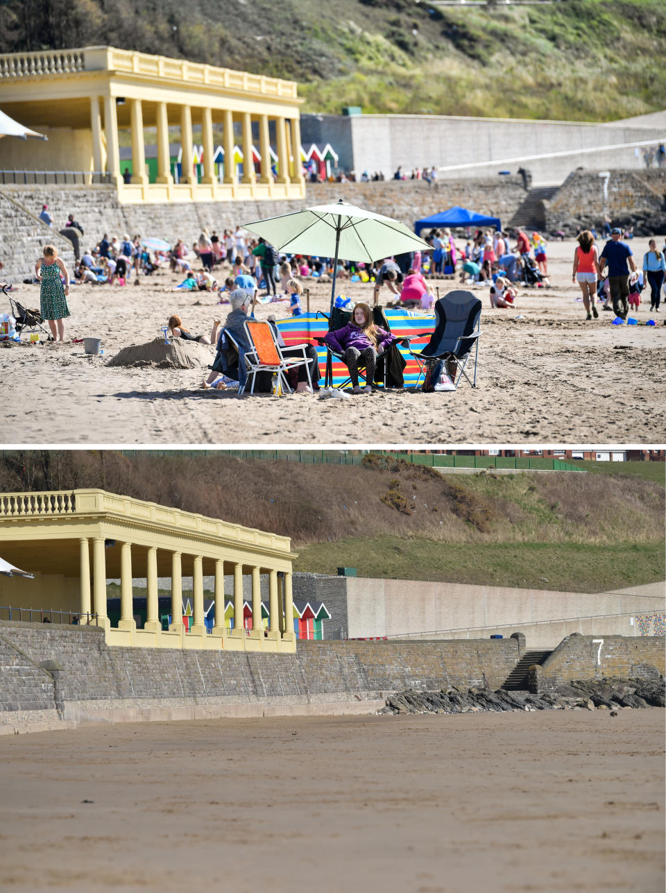 Composite photos of people on the beach at Barry Island, South Wales, on 14/09/19 (top), and on Wednesday 25/03/20 (bottom), after Prime Minister Boris Johnson put the UK in lockdown to help curb the spread of the coronavirus.