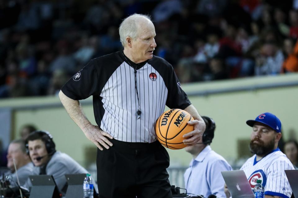 Referee Tom Seng works during the Class B boys quarterfinal game between Fort Cobb-Broxton and Goodwell at State Fair Arena in Oklahoma City on Thursday, March 2, 2023.