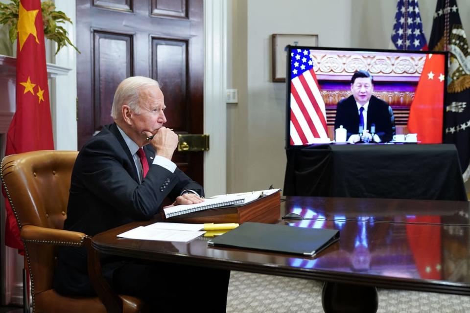 <div class="inline-image__caption"><p>President Joe Biden meets with China’s President Xi Jinping during a virtual summit from the White House in Washington, DC, Nov. 15, 2021.</p></div> <div class="inline-image__credit">Mandel Ngan/AFP via Getty Images</div>