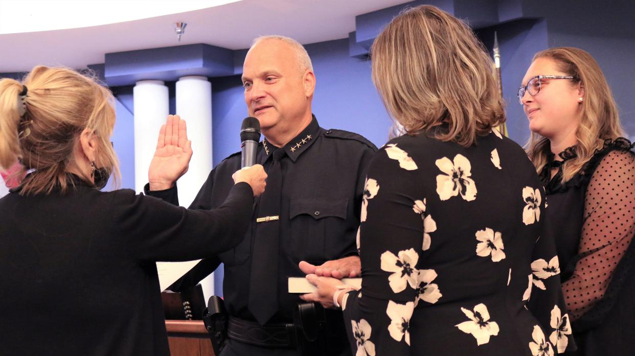 With his wife Tammy holding the Bible and daughter Shelby looking on, Charles “Charlie” Thorpe is sworn in as Venice Police Chief by City Clerk Kelly Michaels during Tuesday's City Council meeting. Thorpe joined VPD as a captain in December 2018 after a 27-year career with the Sarasota County Sheriff’s Office.