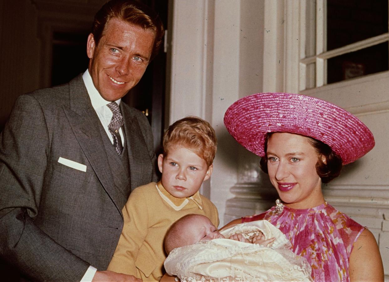 Princess Margaret (1930 - 2002) with Lord Snowdon and Viscount Linley at Kensington Palace shortly after the birth of her daughter, Lady Sarah Armstrong-Jones