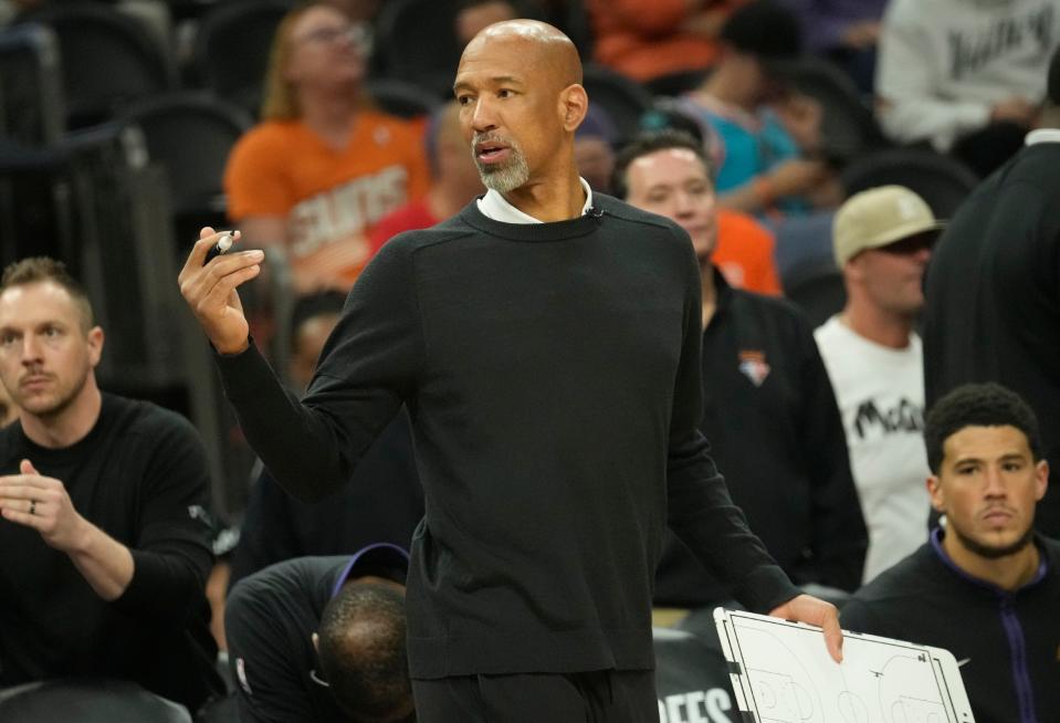 Phoenix Suns head coach Monty Williams looks down his bench during Game 6 of the Western Conference semifinals against the Denver Nuggets at Footprint Center on May 11, 2023, in Phoenix.