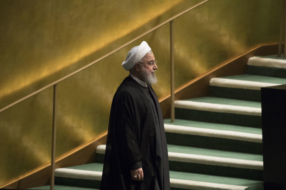 Iranian President Hassan Rouhani arrives to address the 73rd session of the United Nations General Assembly, Tuesday, Sept. 25, 2018 at U.N. headquarters. (AP Photo/Mary Altaffer)