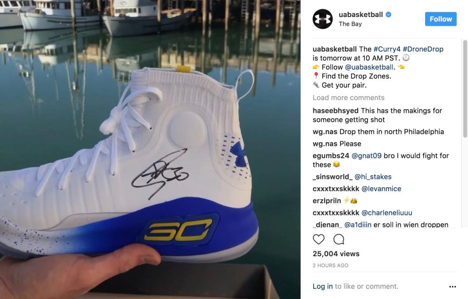 Under Armour plans to drop free pairs of autographed Curry 4s from the sky.