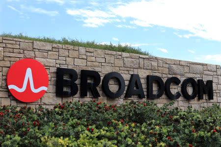 A sign to the campus offices of chip maker Broadcom Ltd, is shown in Irvine, California, U.S., November 6, 2017. REUTERS/Mike Blake