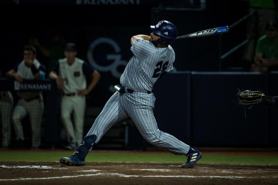 Georgia Southern designated hitter Noah Ledford was 3-for-4 with two runs scored, one RBI and a solo home run in the third inning in a 6-4 loss to Notre Dame on Saturday night in the Statesboro Regional.
