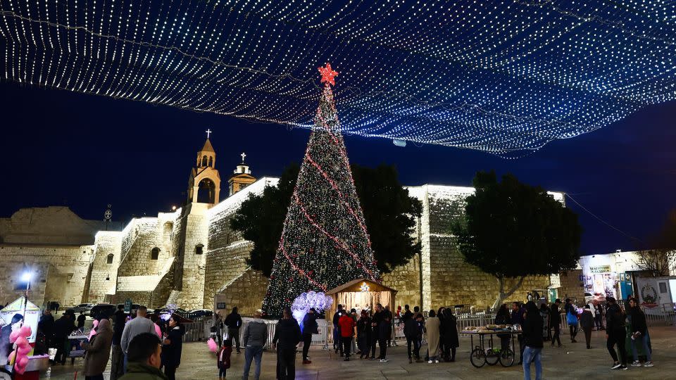 The glittering Christmas tree in Manger Square, Bethlehem, pictured here in December 2022, will not be on display this year. - Jakub Porzycki/NurPhoto/Shutterstock