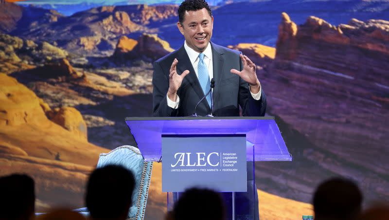 Former Utah Rep. Jason Chaffetz speaks during the American Legislative Exchange Council conference at the Grand America Hotel in Salt Lake City on Friday, July 30, 2021.