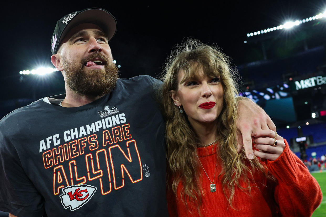 Travis Kelce and Taylor Swift after the Kansas City Chiefs defeated the Baltimore Ravens in the AFC Championship Game at M&T Bank Stadium on Jan. 28, 2024 in Baltimore, Maryland. (Patrick Smith / Getty Images)