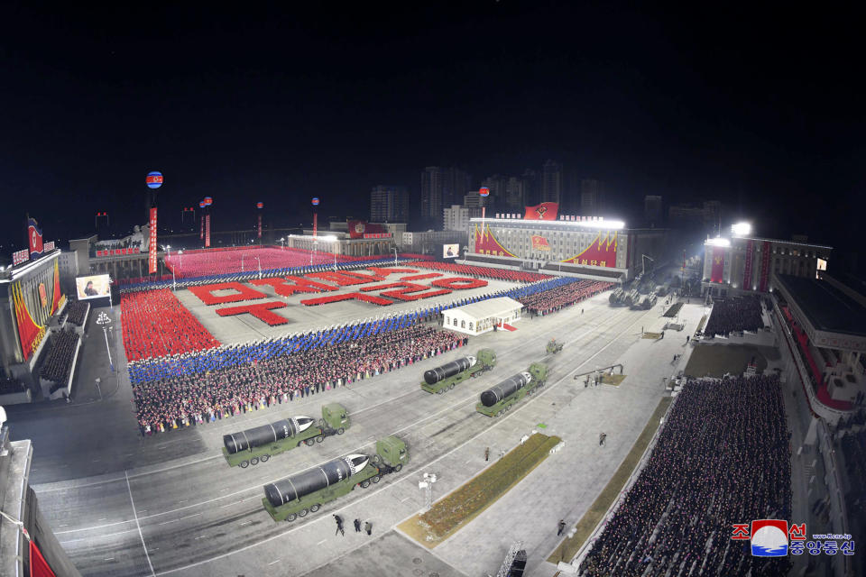 This photo provided by the North Korean government shows a military parade marking the ruling party congress, at Kim Il Sung Square in Pyongyang, North Korea Thursday, Jan. 14, 2021. North Korea rolled out developmental ballistic missiles designed to be launched from submarines and other military hardware in a parade that punctuated leader Kim Jong Un’s defiant calls to expand his nuclear weapons program. Independent journalists were not given access to cover the event depicted in this image distributed by the North Korean government. The content of this image is as provided and cannot be independently verified. Korean language watermark on image as provided by source reads: "KCNA" which is the abbreviation for Korean Central News Agency. (Korean Central News Agency/Korea News Service via AP)