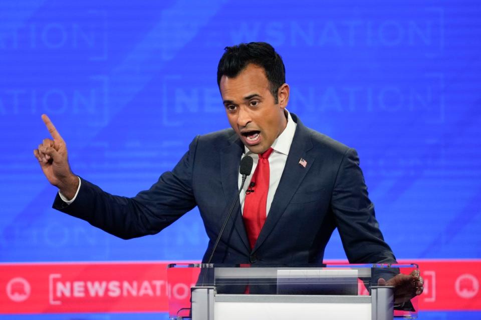 Republican presidential candidate businessman Vivek Ramaswamy gesturing during an exchange with former New Jersey Gov. Chris Christie during a Republican presidential primary debate hosted by NewsNation on Wednesday, Dec. 6, 2023, at the Moody Music Hall at the University of Alabama in Tuscaloosa (AP)