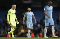 Britain Soccer Football - Manchester City v Manchester United - Premier League - Etihad Stadium - 27/4/17 Manchester City's Willy Caballero and Sergio Aguero at the end of the match Reuters / Darren Staples Livepic