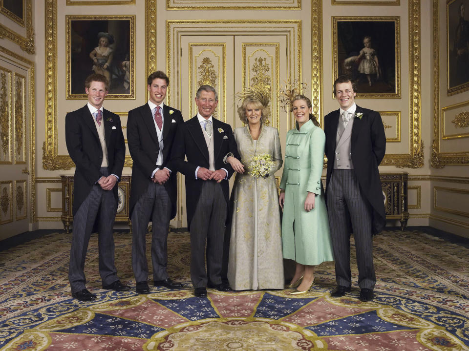 (EMBARGOED TILL  0001 BST MONDAY 11 APRIL 2005) WINDSOR, ENGLAND - APRIL 9: TRH Prince Charles, The Prince of Wales and The Duchess Of Cornwall, Camilla Parker-Bowles for the Official Wedding photograph with their children (L-R Prince Harry, Prince William, Laura and Tom Parker Bowles, in the White Drawing Room at Windsor Castle following their marriage. Saturday April 9 2005, in Windsor, England. (Photo by Hugo Burnand/Pool/Tim Graham Picture Library/Getty Images)