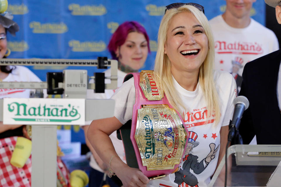 <p>Current women’s champion Miki Sudo, of Las Vegas, holds her championship belt during the weigh-in for the 2017 Nathan’s Hot Dog Eating Contest, in Brooklyn Borough Hall, in New York, Monday, July 3, 2017. Ms. Suto weighed-in at 126 pounds. (AP Photo/Richard Drew) </p>