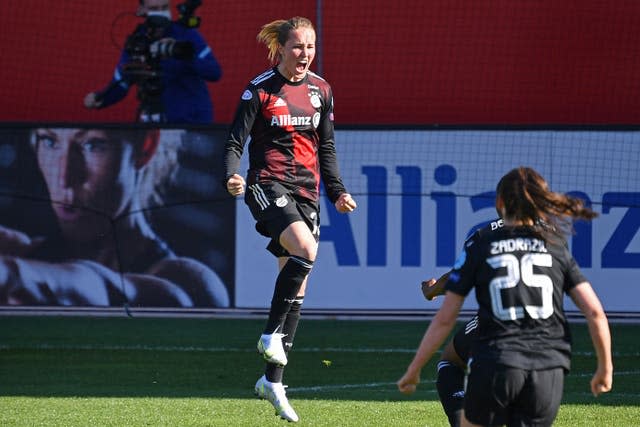 Sydney Lohmann celebrates scoring the opener for Bayern