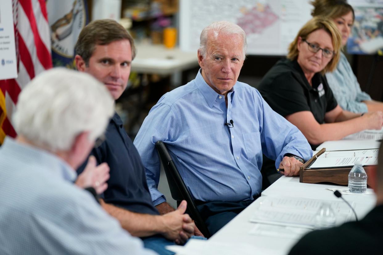 President Joe Biden participates in a briefing at Marie Roberts Elementary School about the ongoing response efforts to devastating flooding, Monday, Aug. 8, 2022, in Lost Creek, Ky.