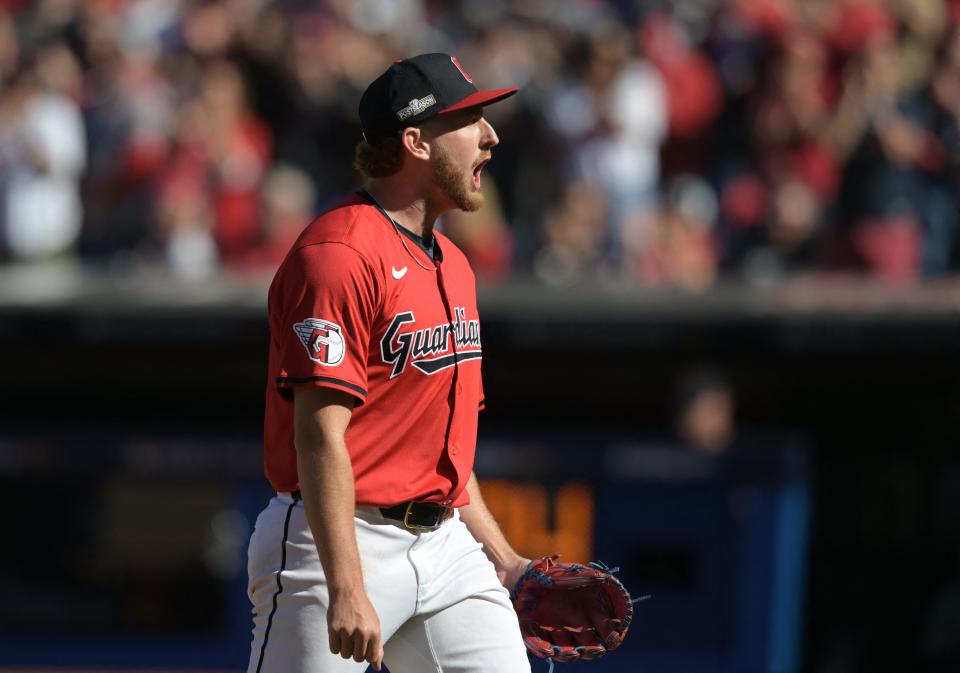 Guardians pitcher Tanner Bibee reacts as he is relieved in the fifth against the Tigers in Game 1 of the ALDS, Oct. 5, 2024, in Cleveland.