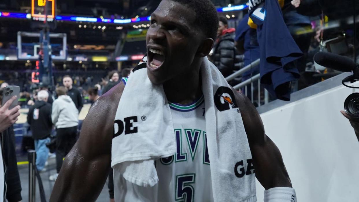 <div>Anthony Edwards #5 of the Minnesota Timberwolves celebrates after beating the Indiana Pacers 113-111 at Gainbridge Fieldhouse on March 07, 2024 in Indianapolis, Indiana. NOTE TO USER: User expressly acknowledges and agrees that, by downloading and or using this photograph, User is consenting to the terms and conditions of the Getty Images License Agreement. (Photo by Dylan Buell/Getty Images)</div> <strong>((Photo by Dylan Buell/Getty Images) / Getty Images)</strong>