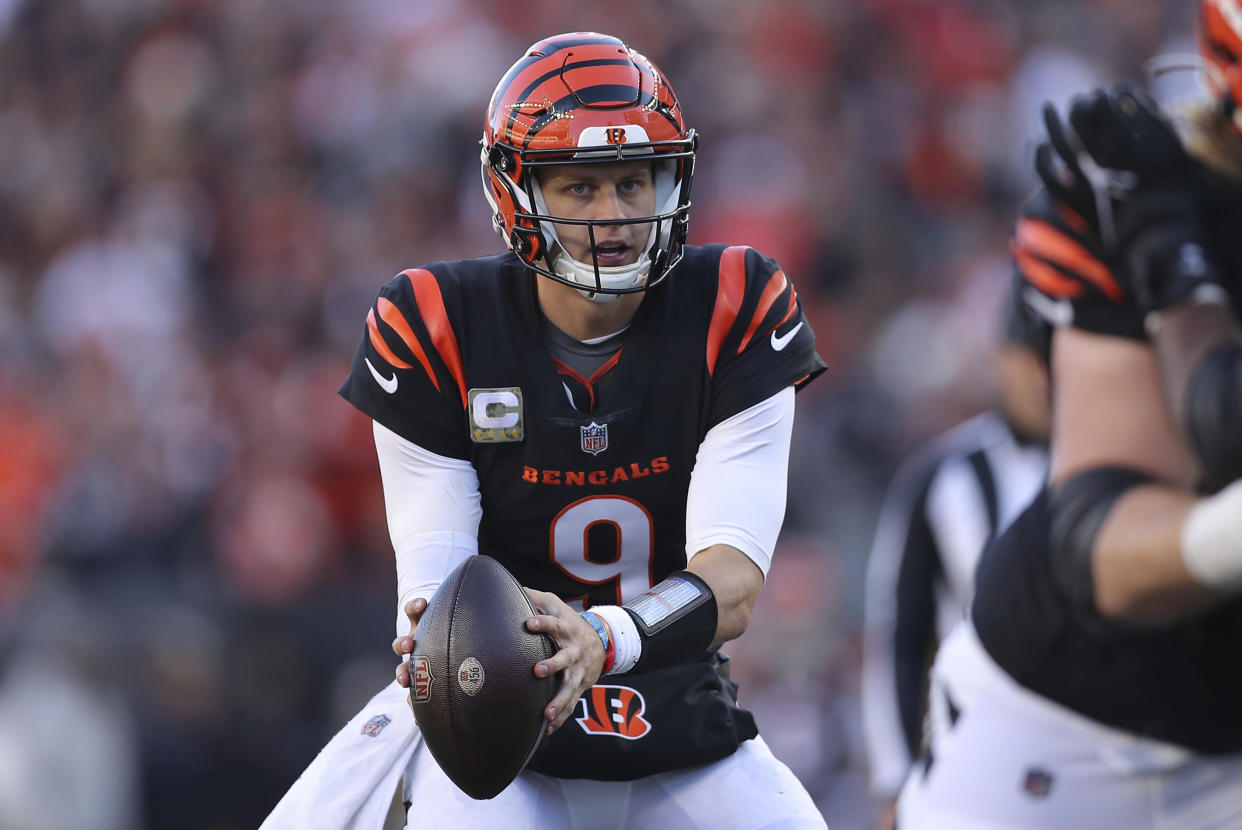 Cincinnati Bengals quarterback Joe Burrow (9) during an NFL football game against the Houston Texans, Sunday, Nov. 12, 2023, in Cincinnati. (AP Photo/Melissa Tamez)