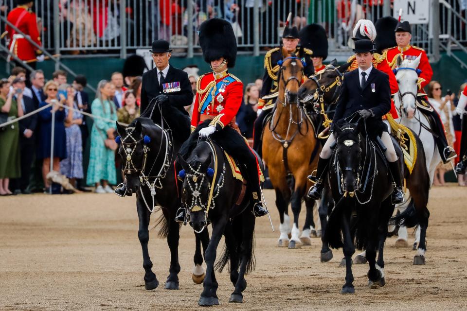 Prince William, Colonel of the Irish Guards, leads The Colonel's Review at Horse Guards Parade on May 28, 2022 in London, in the final rehearsal for the Trooping the Colour parade on June 2 in celebration of Queen Elizabeth II's Platinum Jubilee.