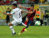 RECIFE, BRAZIL - JUNE 16: Pedro Rodriguez of Spain scores their first goal during the FIFA Confederations Cup Brazil 2013 Group B match between Spain and Uruguay at the Arena Pernambuco on June 16, 2013 in Recife, Brazil. (Photo by Clive Rose/Getty Images)