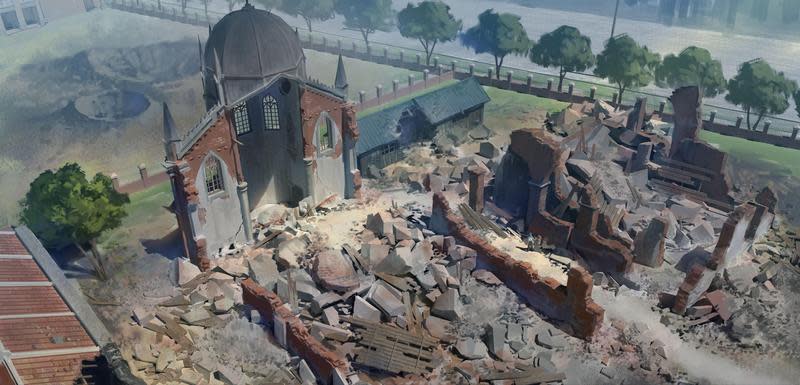 《台北大空襲》電玩重建日治時期的台北建築，圖為蓬萊町大聖堂遭空襲後只剩殘骸。（迷走工作坊提供）