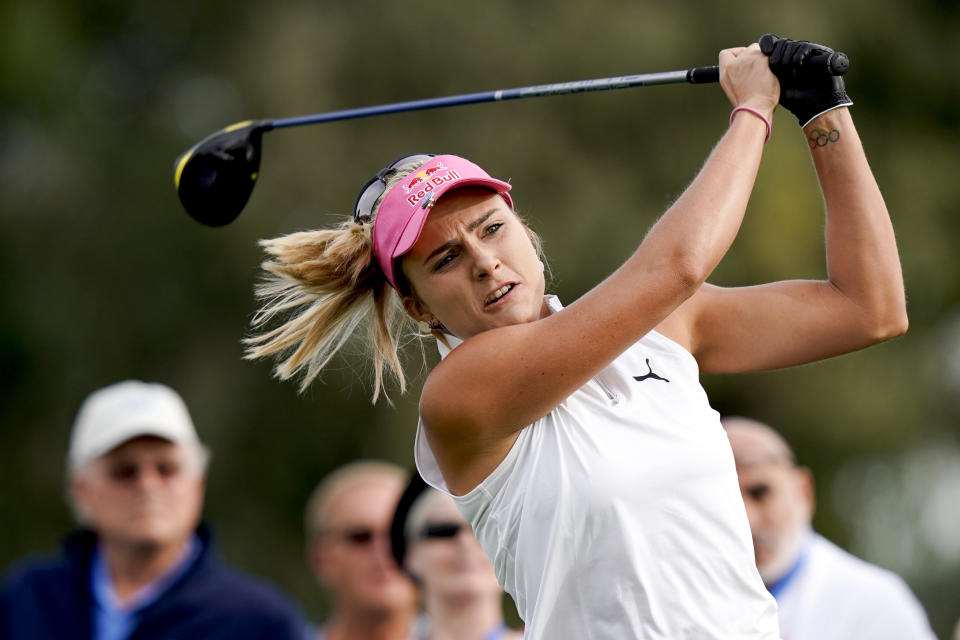 Lexi Thompson hits her tee shot on the second hole during the first round of the LPGA Tour ANA Inspiration golf tournament at Mission Hills Country Club Thursday, April 4, 2019, in Rancho Mirage, Calif. (AP Photo/Chris Carlson)