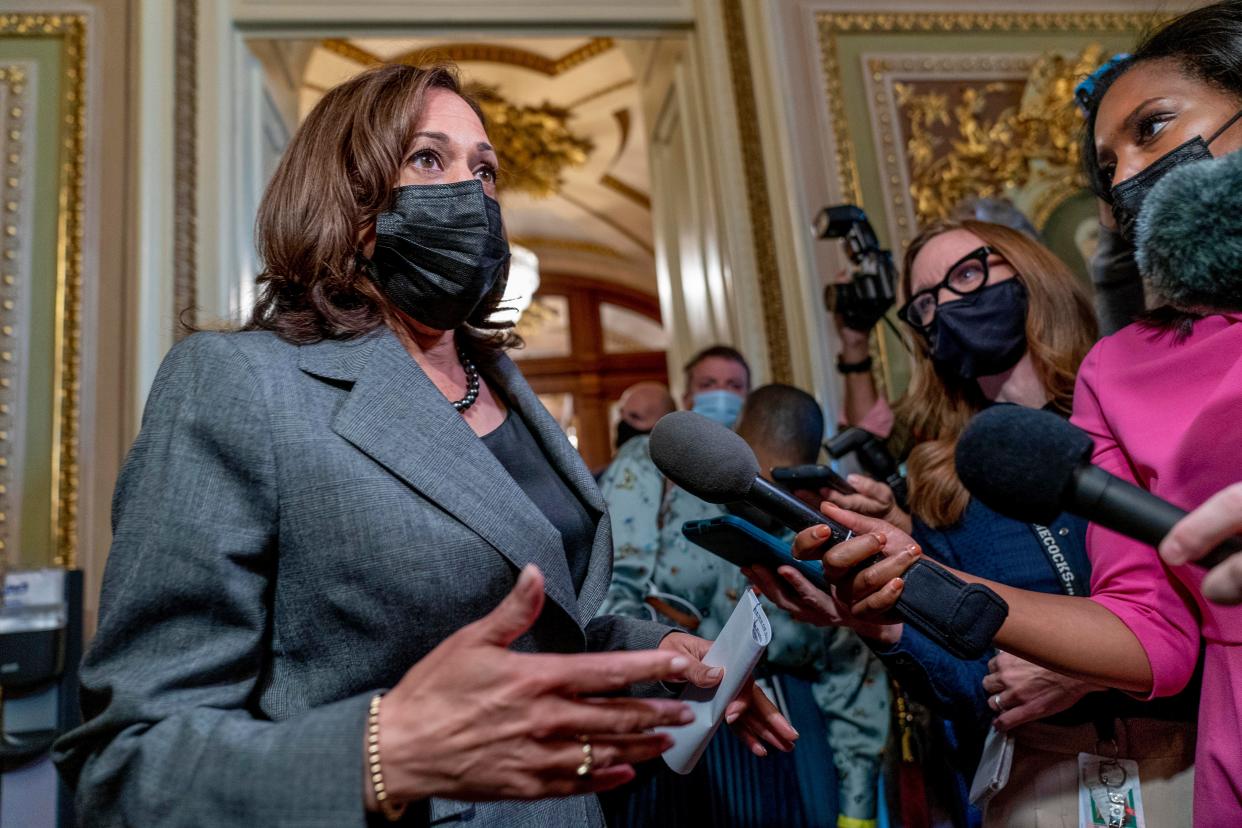 Vice President Kamala Harris speaks to reporters outside the Senate Chamber after a voting rights bill failed to pass the Senate on Capitol Hill in Washington on Oct. 20.