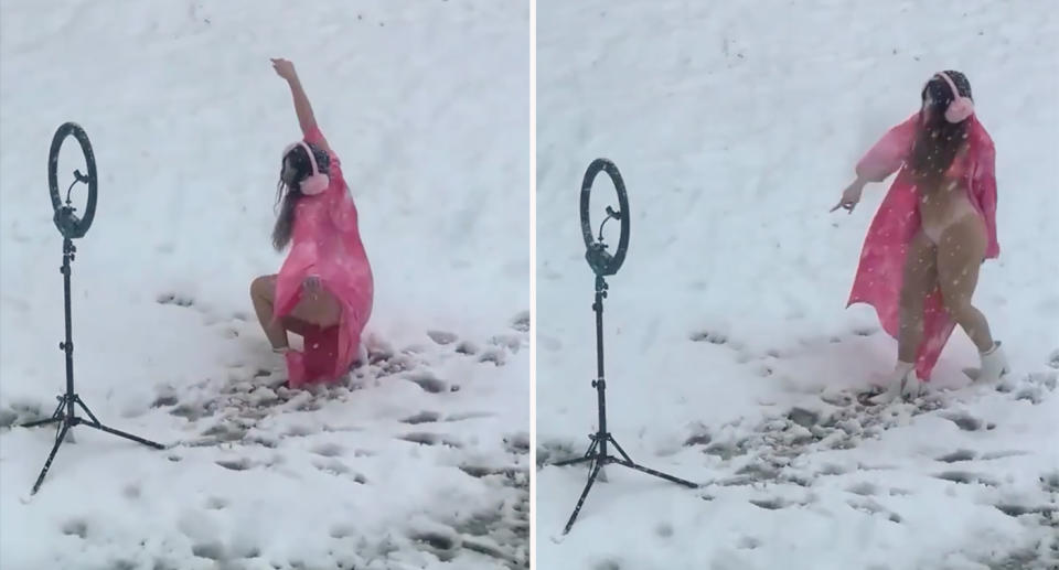 An influencer dancing in the snow in a bikini