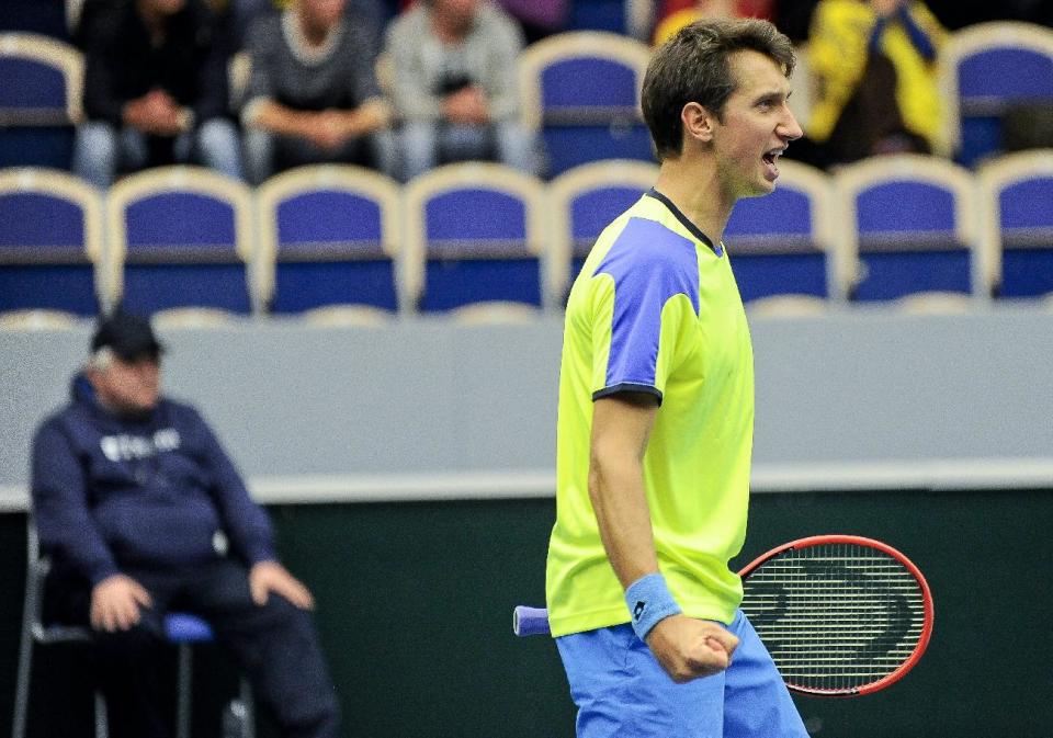 Ukraine's Sergiy Stakhovsky (seen here playing Sweden last April) and the rest of his Davis Cup team will have to find another place to play, after the ITF rejected Kiev as a host for a September tie against Belgium. (AP photo/ TT News Agency / Bjorn Lindgren) 