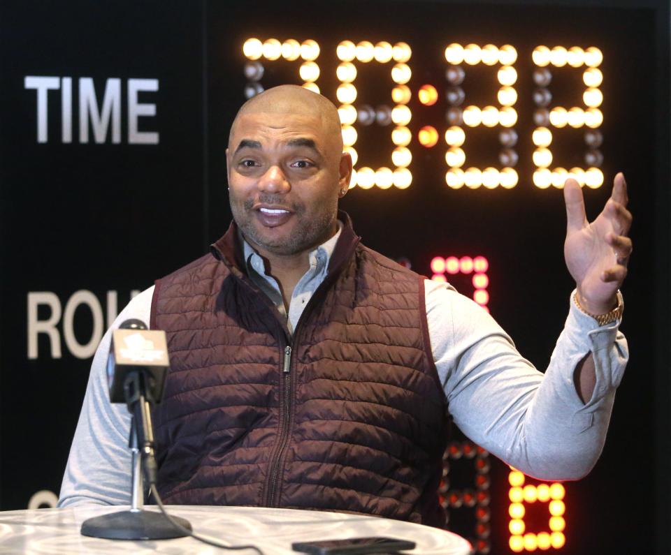 Richard Seymour speaks to the media at the Pro Football Hall of Fame in Canton on Monday, March 14, 2022. Seymour is a member of the Class of 2022.