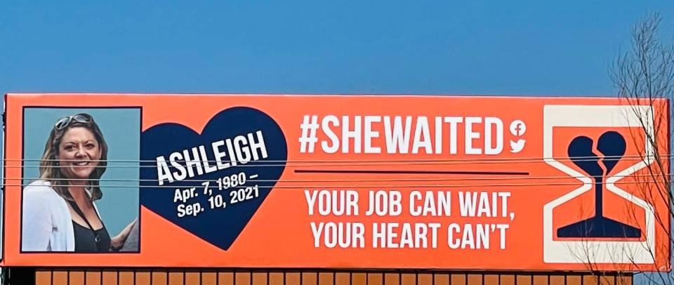 Ashleigh Anderson's family paid for a billboard on Interstate 65 in Indiana to raise awareness about the pharmacist's death while waiting for backup to arrive and urging others not to make the same decision.