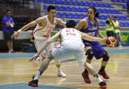 FILE - Philippines' Terrence Romeo, right, challenges for the ball against China players Hu Jinqiu, center, and Guo Ailun, left, during the FIBA Asia Cup 2017, at Nouhad Nawfal Sports Complex, in Zouk Mosbeh north of Beirut, Lebanon, Wednesday, Aug. 9, 2017. The East Asia Super League is set to launch next October featuring some of the region’s biggest domestic clubs. It’s banking on Asia’s home-grown talent to grow from an invitational event to the world’s third-biggest basketball league. One is the so-called Golden Boy of the Philippines Romeo. Another is the first 100 million-yen-a-season basketball player in Japan.(AP Photo/Hussein Malla, File)