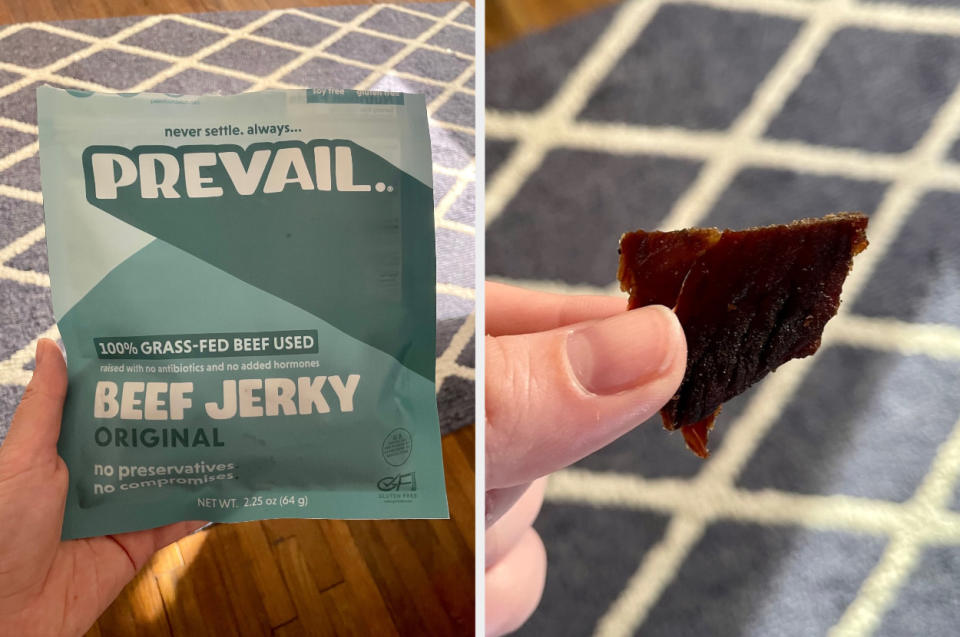 bag of beef jerky next to a piece of jerky