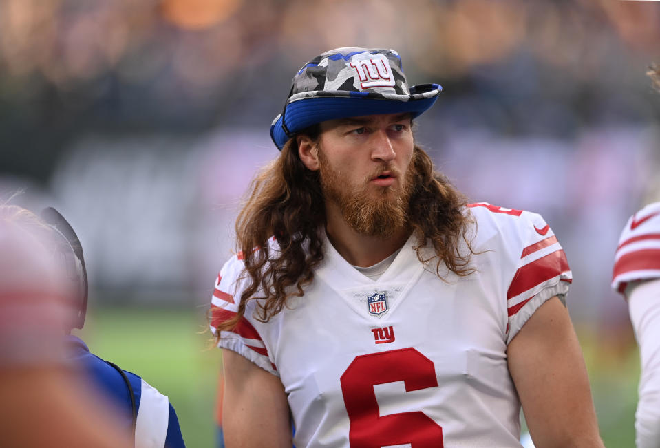 LONDON, ENGLAND - OCTOBER 09: Jamie Gillan #6 punter of the New York Giants pictured looking on during the NFL match between New York Giants and Green Bay Packers at Tottenham Hotspur Stadium on October 09, 2022 in London, England. (Photo by Stu Forster/Getty Images)