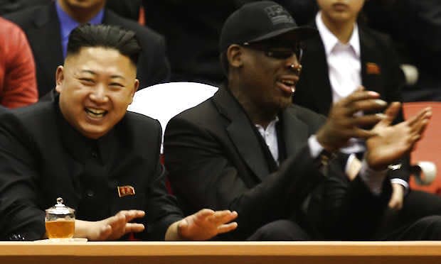 North Korean leader Kim Jong Un, left, and former NBA star Dennis Rodman watch North Korean and U.S. players in an exhibition basketball game Thursday at an arena in Pyongyang, North Korea. Jason Mojica, VICE Media | Associated Press